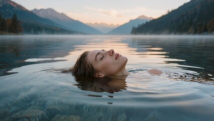 Fototapeta premium A serene woman floats peacefully on her back in a calm lake surrounded by majestic mountains and trees at sunrise, exuding a sense of tranquility and harmony with nature.