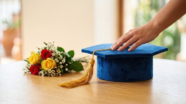 Doctoral graduation tam with hand and flower bouquet on wooden table. Concept of PhD achievement, academic honor, ceremony, and future success
