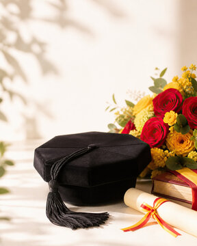Spanish birrete octogonal graduation cap with diploma, book, and flower bouquet. Concept of academic honor, achievement, tradition, and celebration