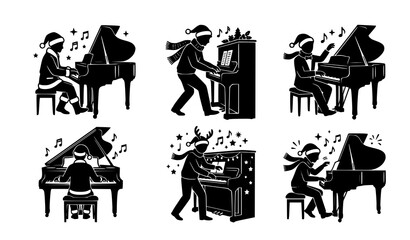 Christmas pianist silhouette set vector illustration festive music © MD