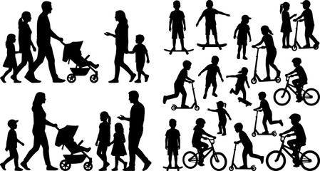 Family and children silhouette collection featuring parents with stroller, kids riding scooter, bicycle and skateboard isolated on white background vector set © Jahanara