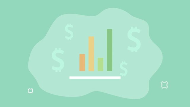 Flat motion graphics animation of bar chart with dollar symbols and liquid green background.