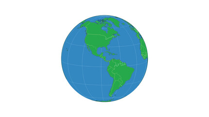 Fototapeta premium A spherical world map with green continents and blue oceans displays thin latitude and longitude grid lines against a clean bright white studio background setting.