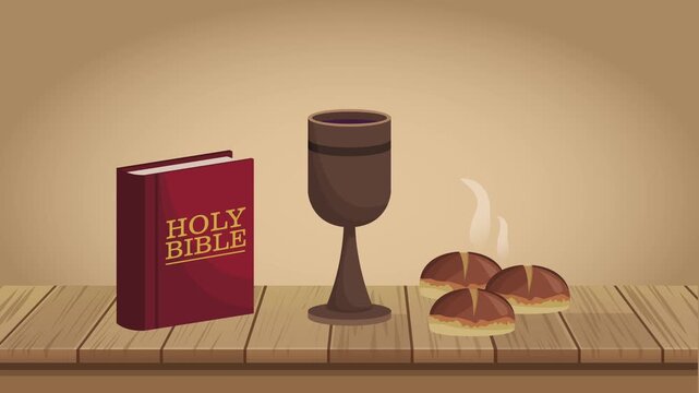 Holy communion set on wooden table with bible chalice and bread motion graphics.