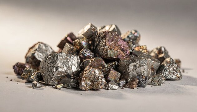 A captivating close-up of lustrous metallic pyrite and other crystalline ore formations, a shimmering heap of raw minerals reflecting light beautifully