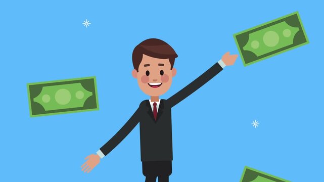 Animated businessman celebrating with falling money and green bills on blue background.