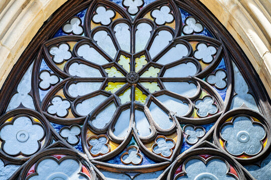 Gothic rose window with ornate stained glass architecture