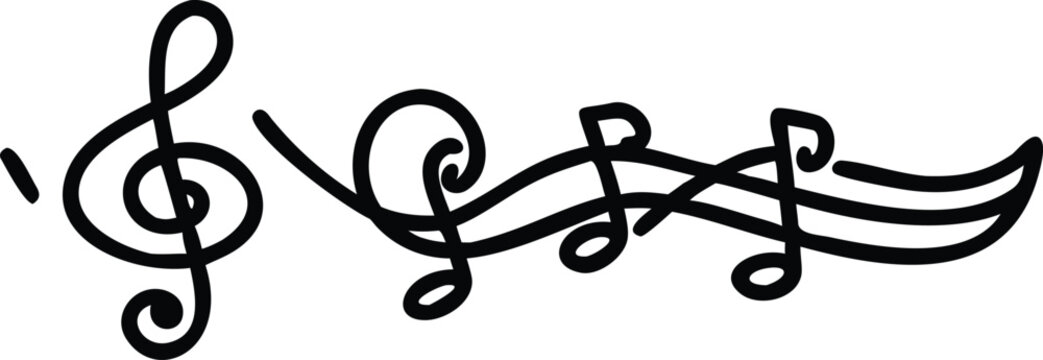 Black treble clef and musical notes on white background