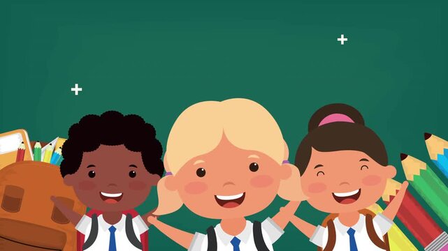 Little school students cartoon characters with supplies on chalkboard background animation footage.