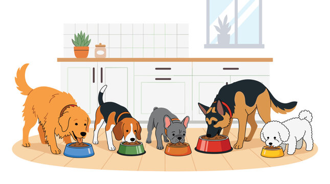 A group of five distinct dog breeds eating from colorful bowls on a kitchen floor in a bright home setting with a soft and clean cartoon style illustration.