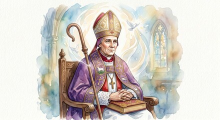 Fototapeta premium Portrait of a dignified bishop in elaborate vestments, holding a bible, conveying wisdom, faith, and spiritual leadership within a grand cathedral setting.