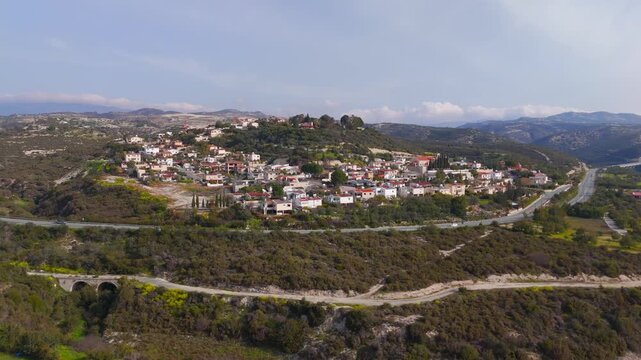Aerial Panoramic View Circling the Quiet Mediterranean Town of Alassa