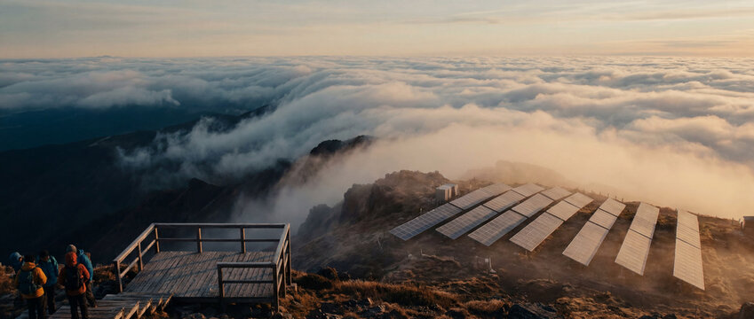 Mountain Solar Farm Above Clouds with Observation Deck at Sunrise