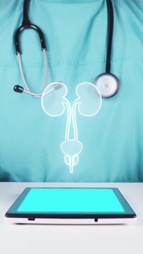 Doctor uses digital tablet for urology diagnosis and evaluation of benign prostatic hyperplasia with male urinary system icon in neon green and innovation in medical technology for early detection of 