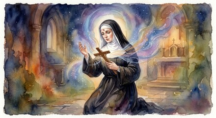 Obraz premium Pensive nun kneeling in prayer, holding a cross, bathed in soft light, conveying spirituality, faith, devotion, and quiet contemplation within a peaceful chapel setting.