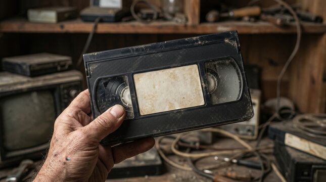 Hand holding a dusty vintage VHS tape with an old television and obsolete electronics in background