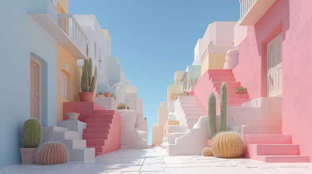 パステルカラーの建物と階段が続く街並みのイラスト。多くのサボテンの鉢植えが並ぶ路地。明るい空とミニマルな建築