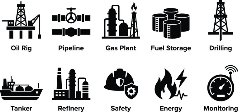 Industry Icons: Oil Rig, Pipeline, Gas Plant, Tanker, Refinery, Safety, Energy