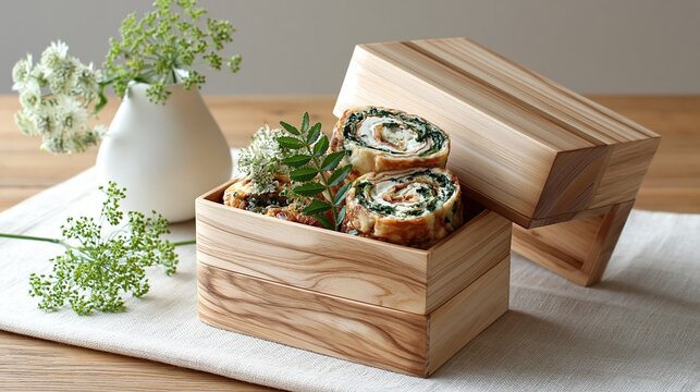 野菜入りの卵焼きが詰められた二段の木製弁当箱。白い花が添えられた清潔感のある日本の食卓。健康的で伝統的な和食の昼食