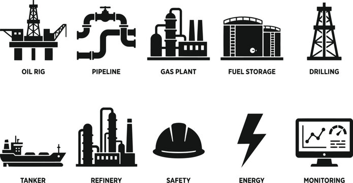 Industrial Icons: Oil Rig, Pipeline, Gas Plant, Refinery, Tanker, Fuel Storage, Drilling