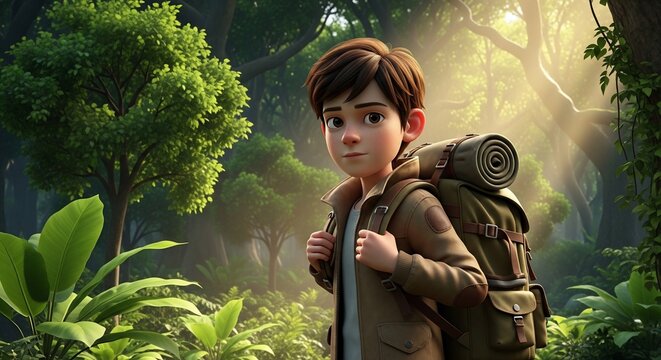 Young explorer with backpack in forest