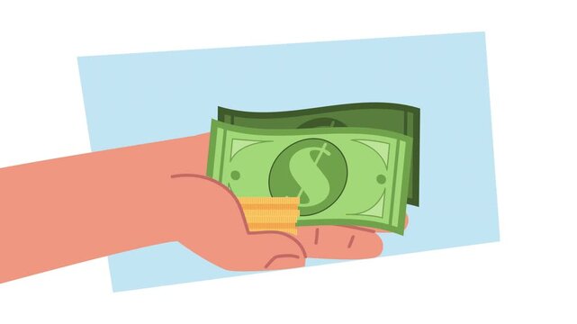 Animation of human hand receiving cash bills and gold coins for payment or financial earnings.