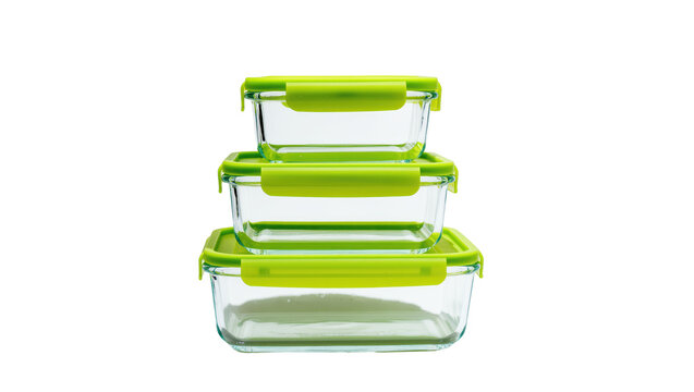 Stack of three clear glass food storage containers with lime green locking lids, isolated on transparent background