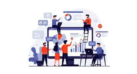 Naklejka premium Vector flat design illustration of a business team collaborating on data analysis and financial reports using digital