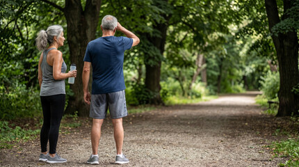 Obraz premium Active senior couple resting after run in park