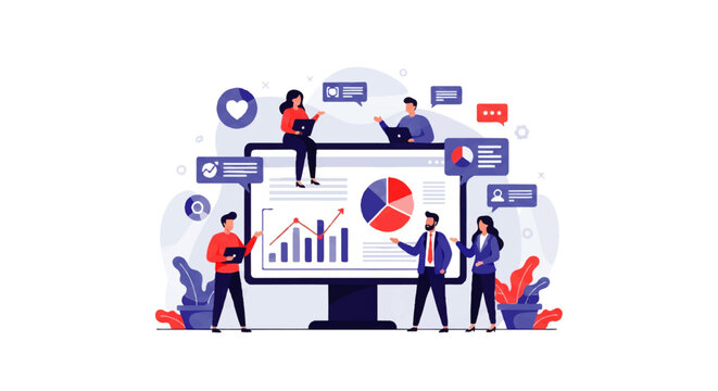 Vector flat design illustration of a business team analyzing data and charts on a large computer screen