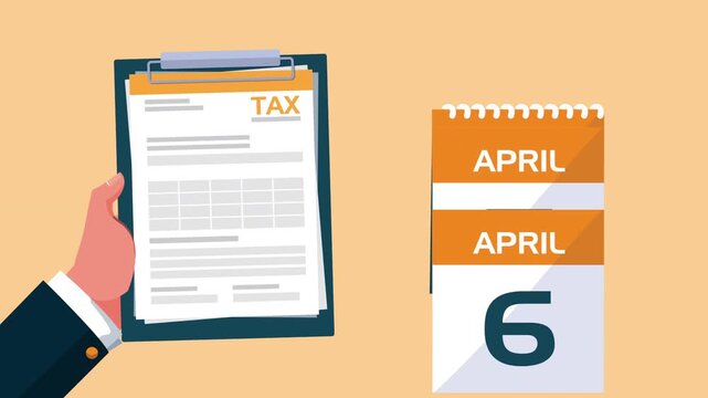 Tax day reminder with calendar page turning to april 15, animated income tax document on clipboard for business and finance concept.