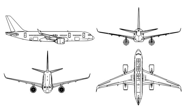 Passenger airplane blueprint vector with side front and top view technical aircraft outline isolated on white