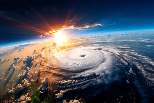 Aerial Shot of Typhoon Outer Bands Interacting with Calm Ocean Below in Brilliant Sunrise