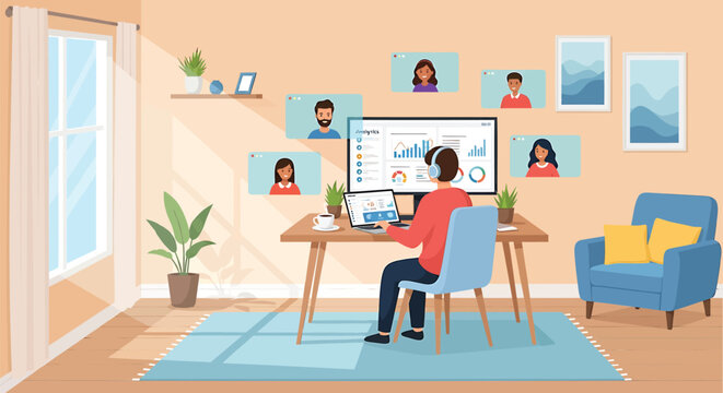 Remote worker, online meeting, home office, telecommuting vector