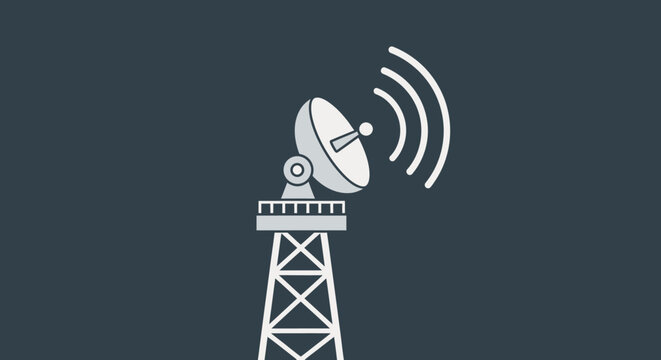 Modern Satellite Dish Antenna on a Communication Tower Emitting Wireless Signals, Symbolizing Global Connectivity Against a Dark Blue Background.