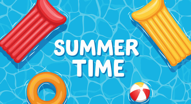 Vibrant vector illustration of summer pool fun with inflatable floats and a beach ball, perfect for seasonal designs and relaxing vacation themes