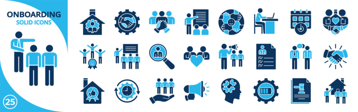 Onboarding glyph icon set. Contain employee onboarding, new hire, training, orientation, documentation, process, compliance, time management, gap skill, evaluation, people engagement, communication
