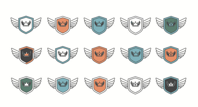 Set of heraldic shield emblems with crowns and wings in various colors, isolated white background
