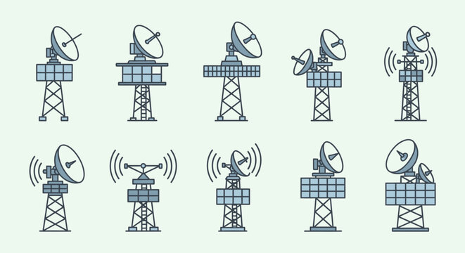 Set of Various Communication Towers and Satellite Dishes Transmitting Signals on a Simple Light Blue-Green Background