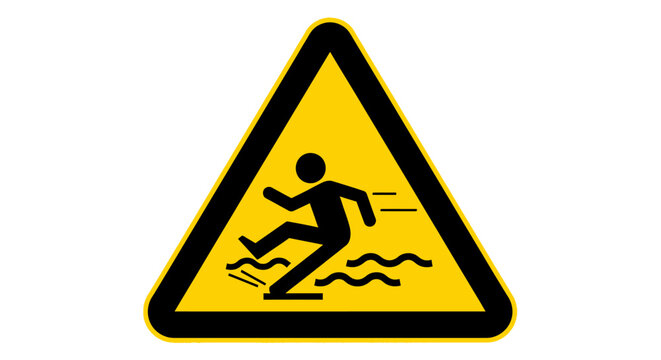 Warning Sign of Person Slipping into Water, Indicating Drowning Hazard, on Isolated White Background