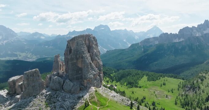 Aerial shot of Cinque Torri and its surroundings, Dolomites, Italy