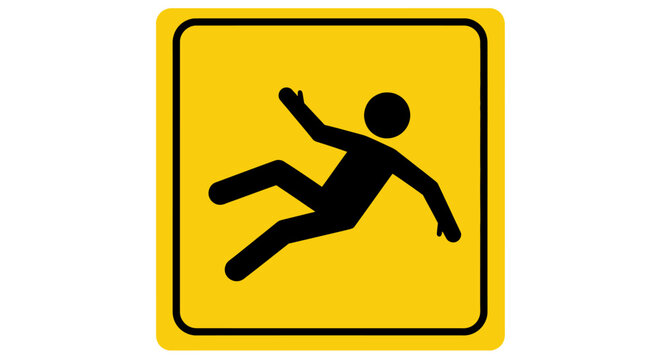 Green square vector illustration of a pedestrian crossing and caution zone sign featuring a black silhouette of a person running like an athlete to avoid danger or a slip on a wet floor symbol