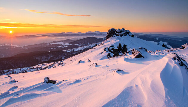 Snowy mountain sunset landscape