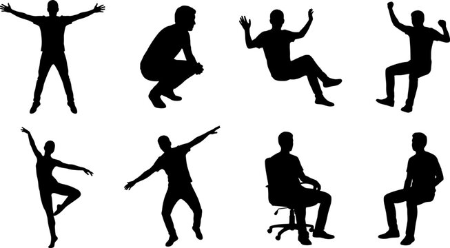 Man silhouette collection featuring jumping, sitting, squatting and expressive poses isolated on white background vector set for people and action design