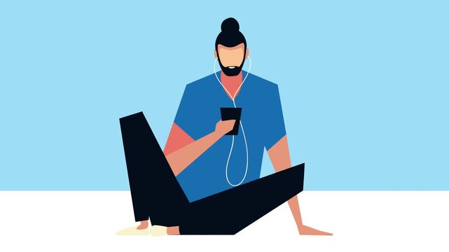 Young man using a mobile phone while listening to music and sitting on the floor, motion graphic animation.