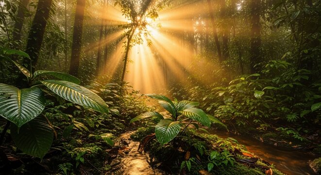 Sunlight streaming through forest canopy