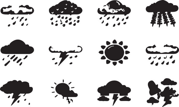 Weather icons, black silhouette set, 12 rain cloud symbols, stormy weather graphics