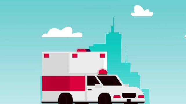 Flat animation of ambulance driving through city with skyscraper background and white clouds.