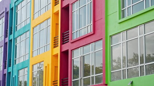 Colorful building facade standing in urban city, modern architecture with glass windows reflecting sky, residential apartment block, commercial real estate background.