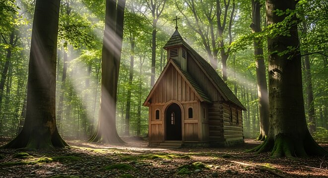 Small Wooden Chapel Standing Among Tall Trees in Sunlit Forest
